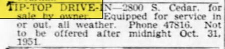 Tip-Top Drive-In - Oct 1951 - Lansing Location For Sale